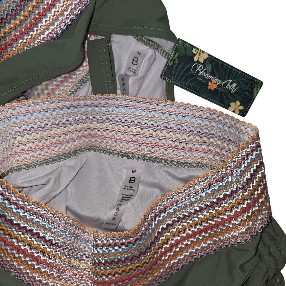 Blooming Jelly Womens Olive Green High Waisted Bikini Set Crochet Trim Size M - Picture 4 of 5